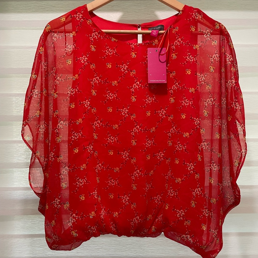 NWT Vince CAMUTO red floral dolman elastic waist round neck top in chiffon XXS-S